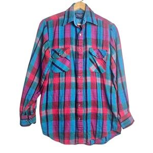 vtg williams bay retro raindow flannel‎ mens medium tall indie sleaze